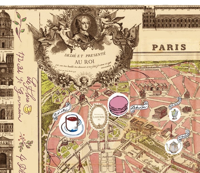 Delicious places on vintage Paris map, 12X16 fine art print, Parisian illustration poster, Brown shabby chic french Renaissance home decor