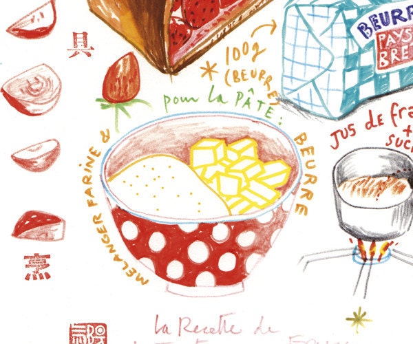 Strawberry pie recipe 12X16 Poster Kitchen art Food print Cake illustration drawing wall hanging French kitchen decor