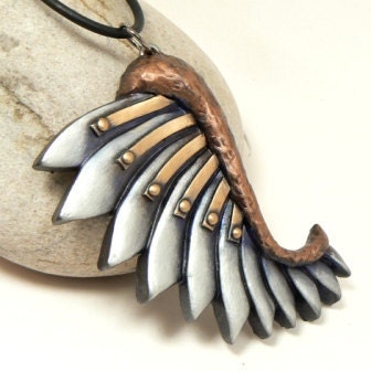 Art Jewelry Wing Pendant Stylized Art Deco Urban Chic Fashion Faux Metal Straps Rivets Copper