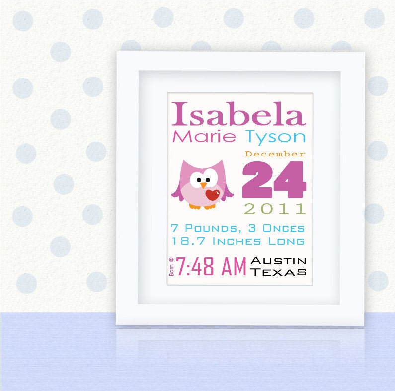Owl Birth Announcement, cute owl nursery decor A289