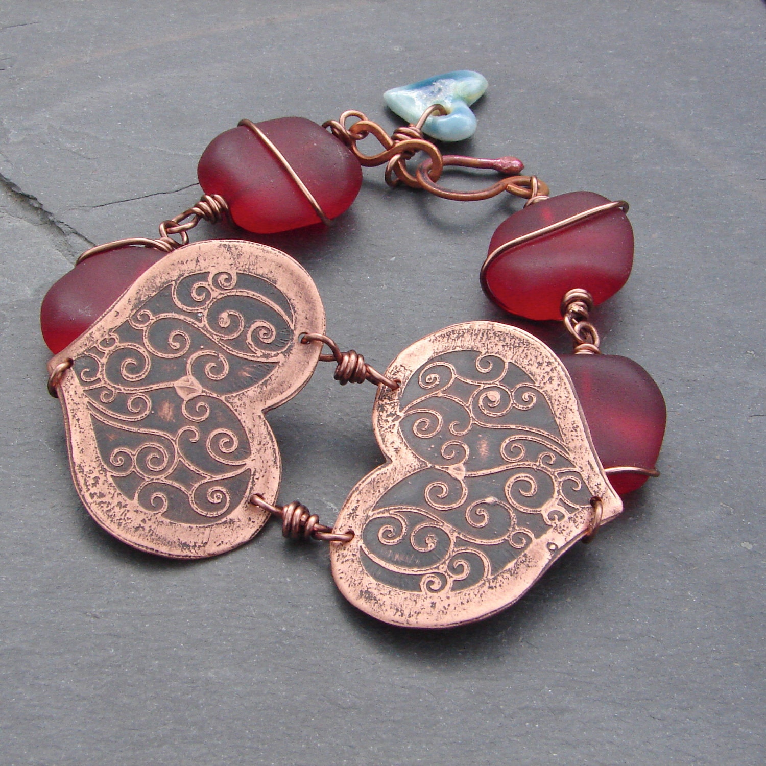 Etched Copper Double Heart and Sea Glass Bracelet - ForMySweetDaughter