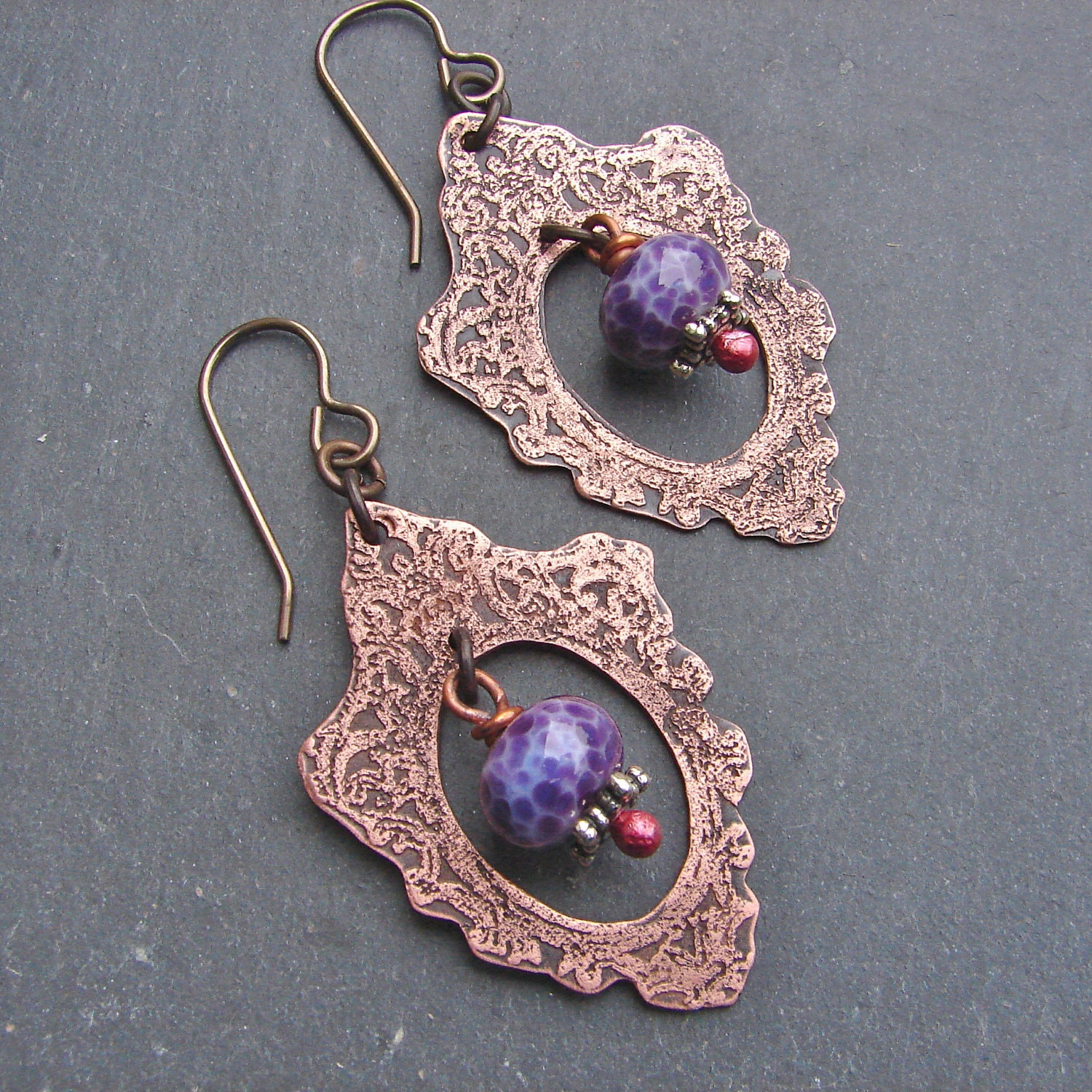 Purple Picture Frame Earrings - Copper and Glass - ForMySweetDaughter