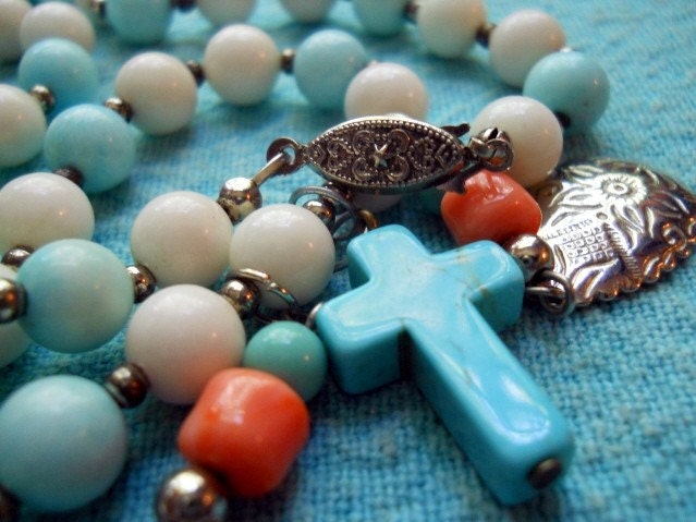 Southwest Turquoise  Cross in Vintage Cool Blue and White - Free US Shipping