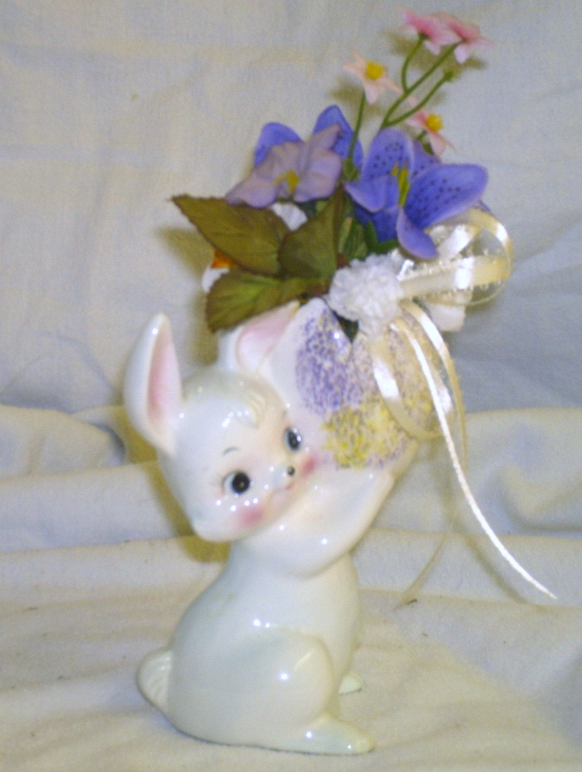 Floral Arrangement In Vintage Ceramic Bunny, home decor table decoration collectible retro mid century cottage chic