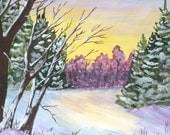Painting Of Winter Morning Landscape, fine art acrylic victorian woodland nature realism cottage chic rustic home decor country western