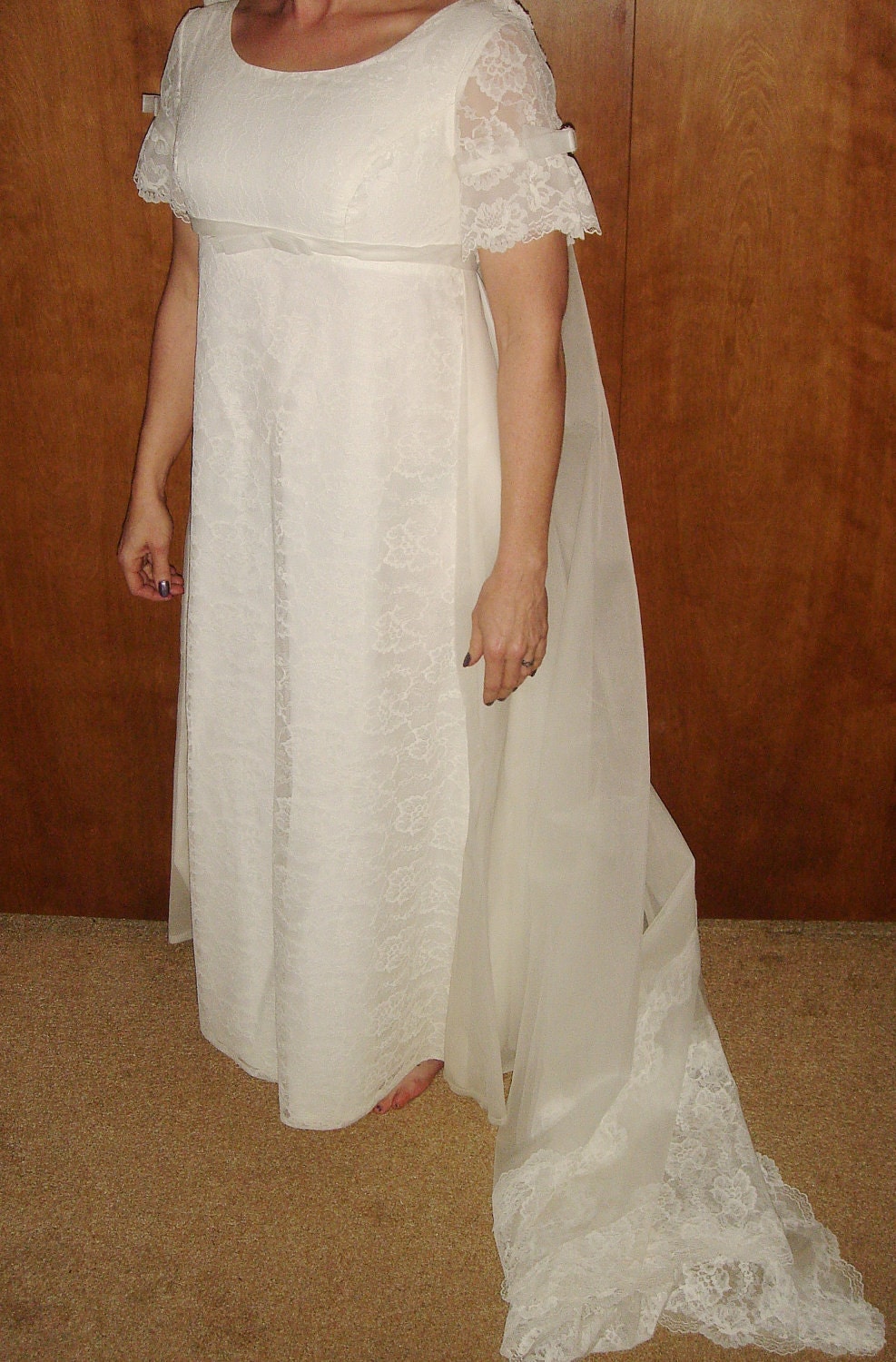 Wedding Dress 1960s Lace and Tulle Empire Waist with Detachable Train