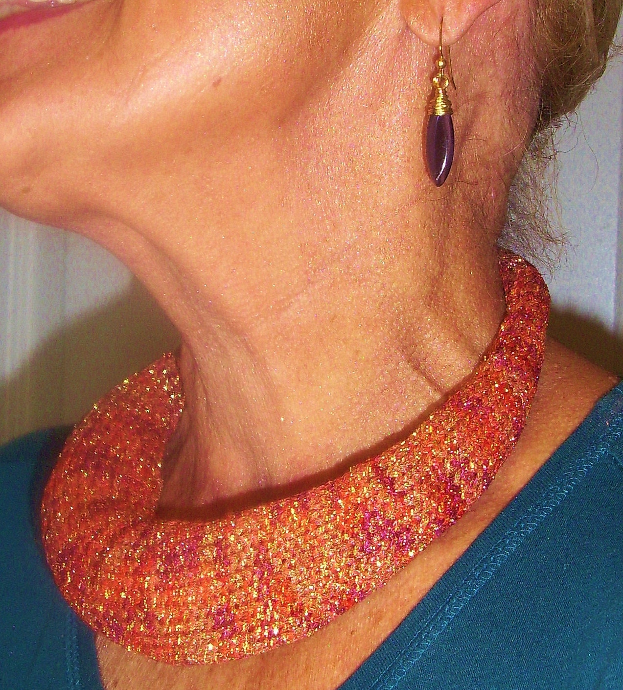 Red, Rust, & Sparkling Gold Knitted Tribal Fashion Necklace