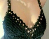 Crochet 100% Cotton Black Top Tank Halter Beaded with Shiny Sequins Spring Summer Fall Winter Women Clothing Beachwear