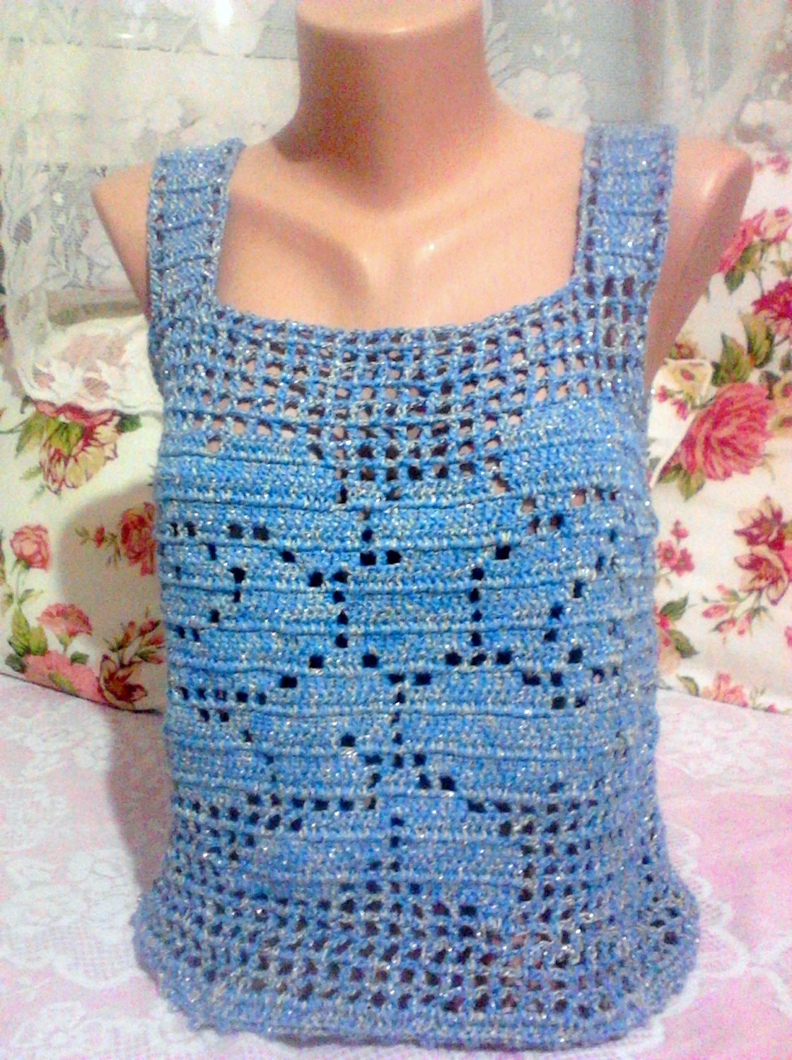 Glittering Blue Rose Crochet Top Tank Halter