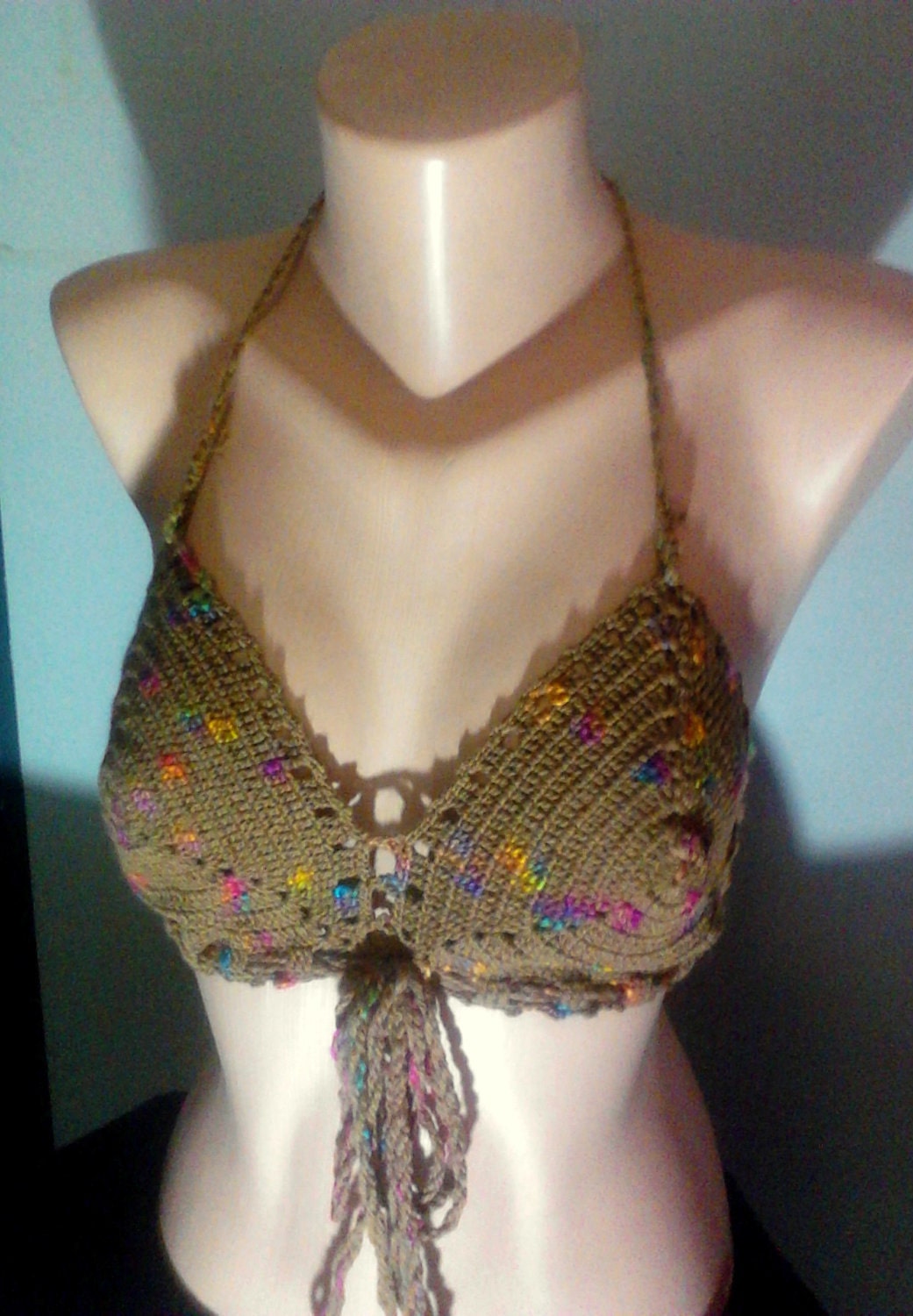 Bikini Top Tank Halter Brown Crochet Cotton Mixed Bikini Top Festival Top Swimwear Beacwear Spring Summer Fashion Women Clothing
