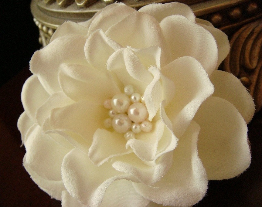 Bridal Ivory Hair Flower with pastel pink pearls / pink ivory white pink ivory pearls soft pastel / bridal gardenia