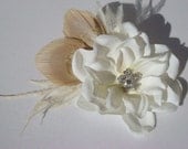 Peacock Wedding Hair Piece - Ivory Flower with Ivory Peacock Feather Ostrich Feather rhinestone / flower hair clip hair flower champagne