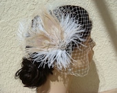 Peacock Wedding Feather Facinator and veil SET / vintage style peacock feather clip / ivory champagne feather / WITH birdcage veil