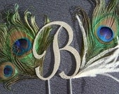 Peacock Wedding Cake Topper / swarovski crystal monogram cake topper with real peacock feathers and ostrich feathers bridal peacock