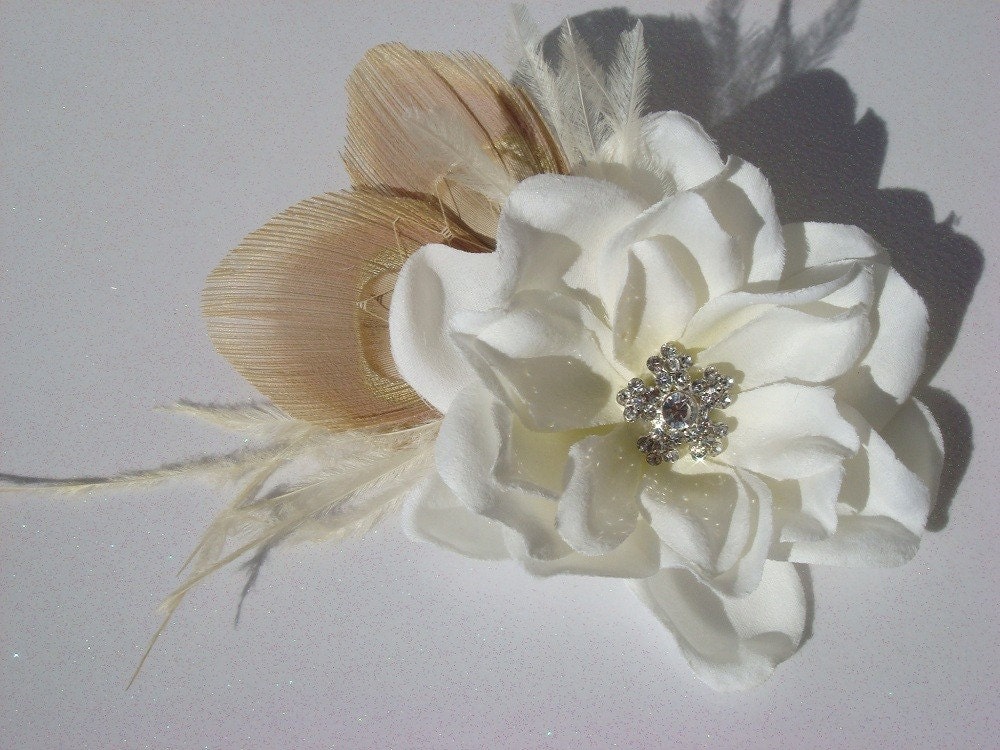 Peacock Wedding Hair Piece - Ivory Flower with Ivory Peacock Feather Ostrich Feather rhinestone / flower hair clip hair flower champagne