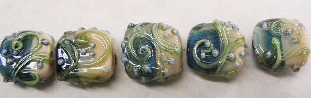 Lampwork Beads -TRELLIS SWIRLS,Salmon and Dusty Blue  - HandMade LampWork Glass Beads  By Kathleen Robinson-Young (set of 5beads)