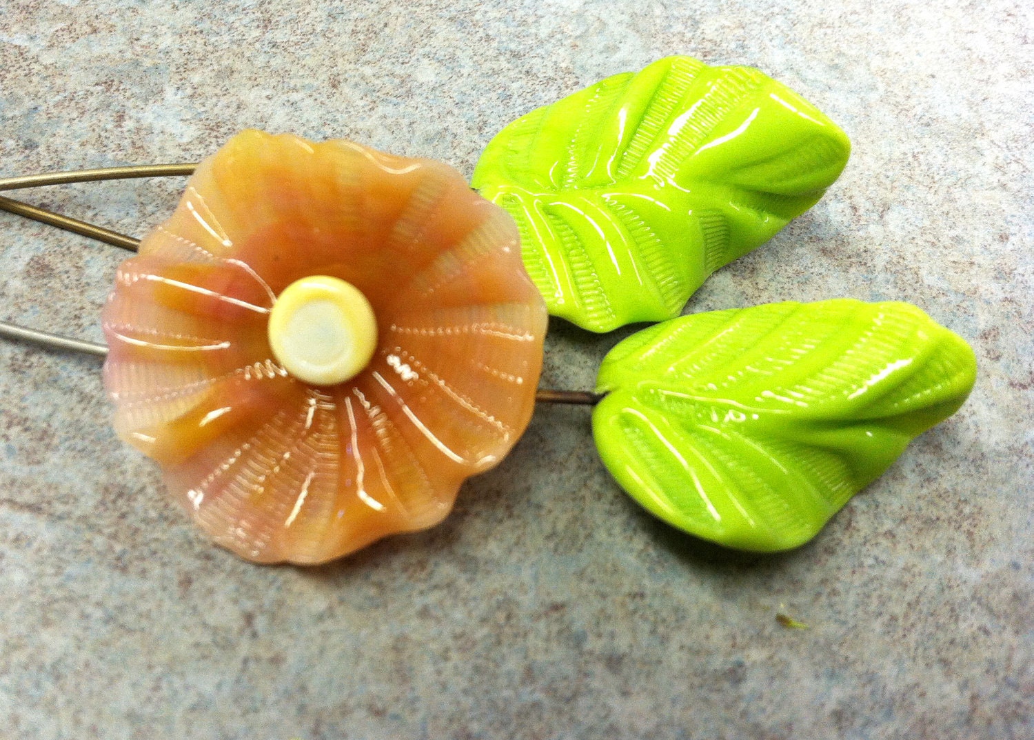 Soft Melon Color  Lampwork Flower with 2 leaf set-SRA