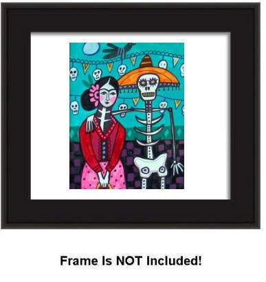 50% OFF SALE - 11x14 Mexican Folk Art - Frida Kahlo , Day of the Dead, Painting Poster Print - Skeleton Sugar Skull