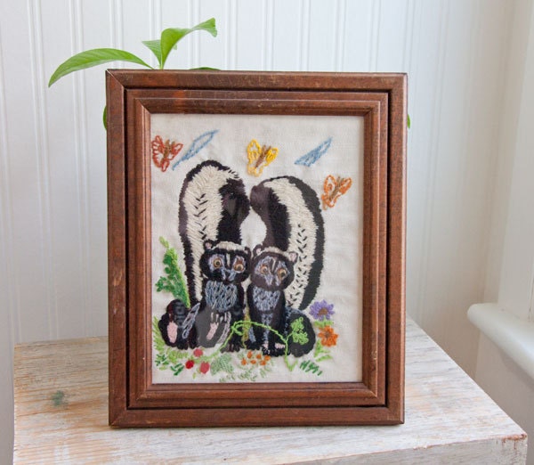 Skunks in Love framed needlework vintage woodland cottage decor black and white ON SALE ready to ship