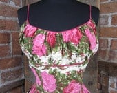 1950's-60's Dress/ Pink Floral Garden Cotton Summer Party Dress 563 XS