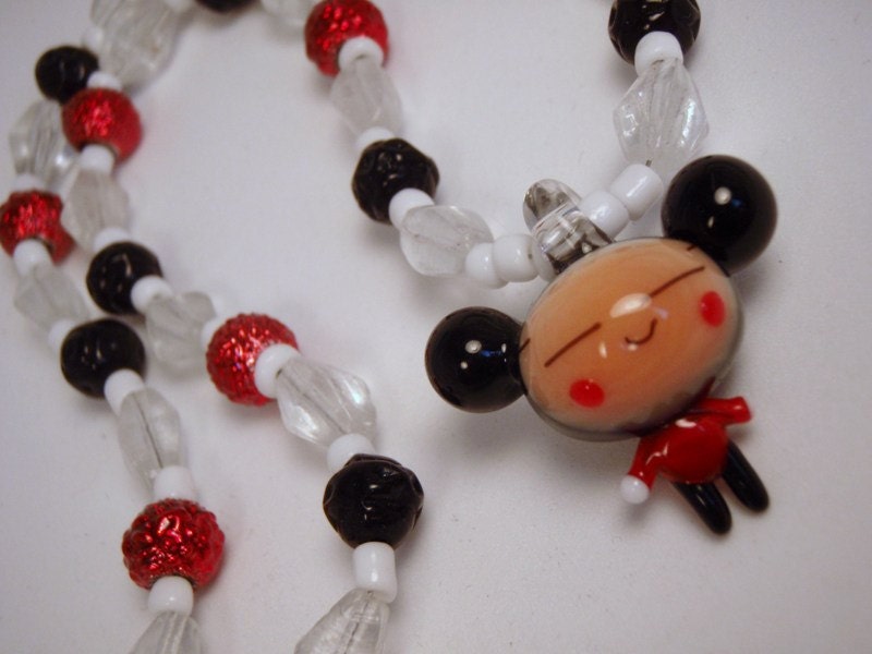 SALE Pucca Glass Lamp Work Bead Necklace Black Red White Charm Pendant