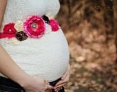 Maternity Sash - Baby Girl Berry Blossom Floral Maternity Sash, Bridal Sash, Belt, Headband, Wedding - Photo prop - Pink