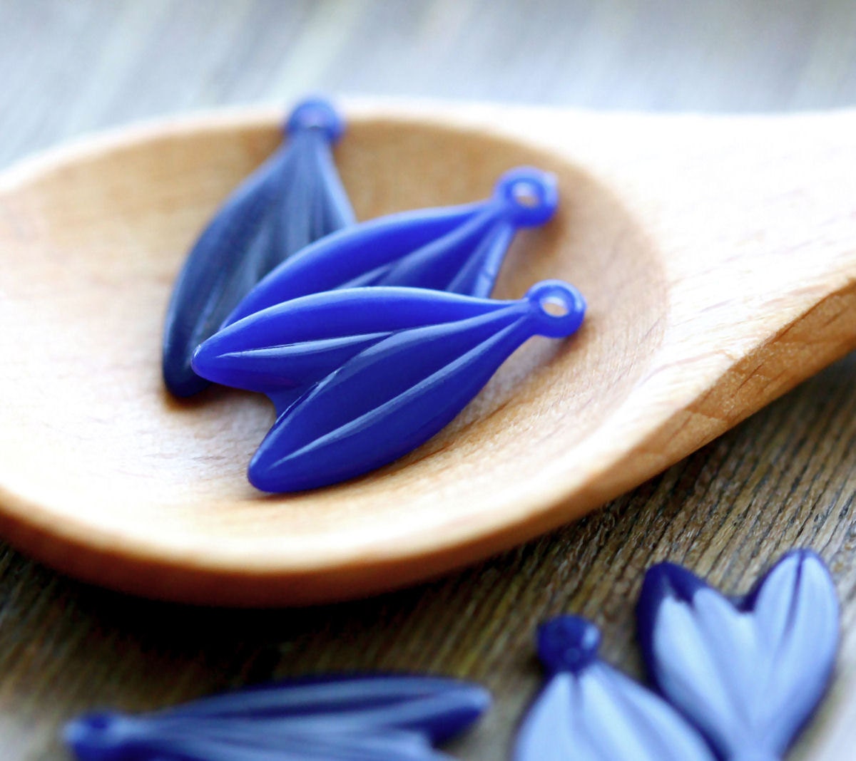 Vintage Plastic Leaf Charms . Blue Double Hanging Leaf . Low stock 4 lots left