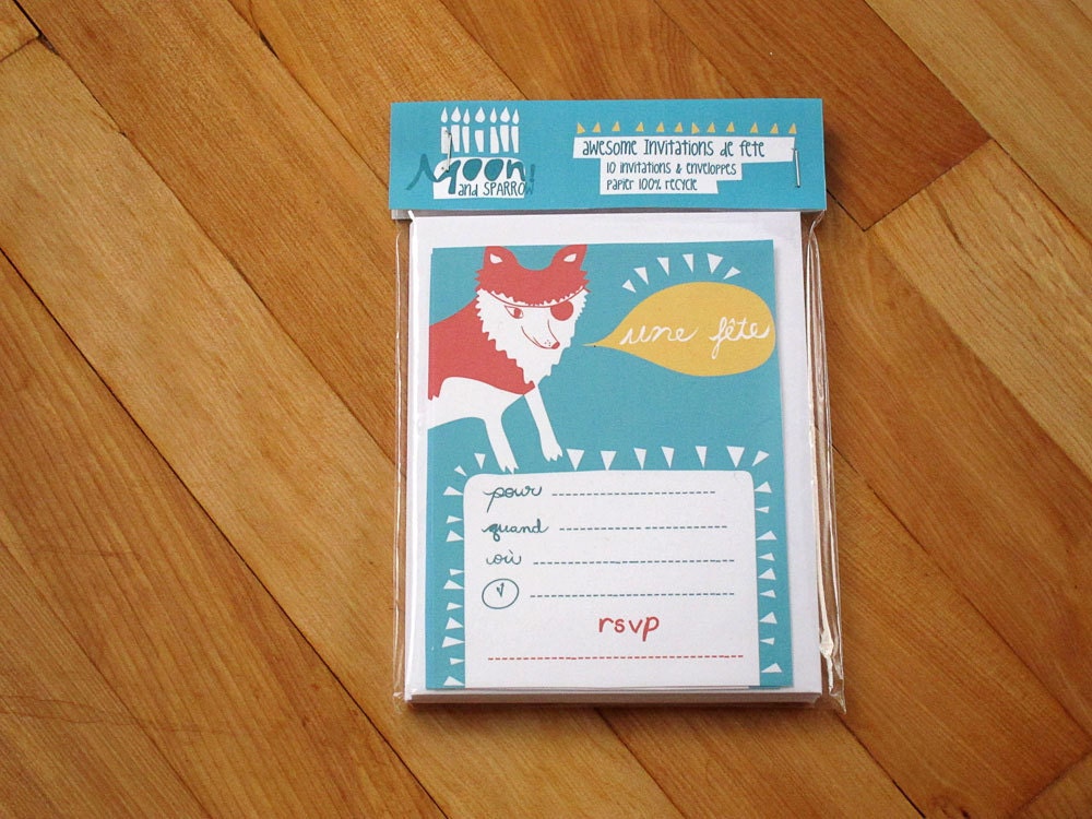 Vinnie the Pirate Wolf French Birthday Invite pack of 10 recycled paper