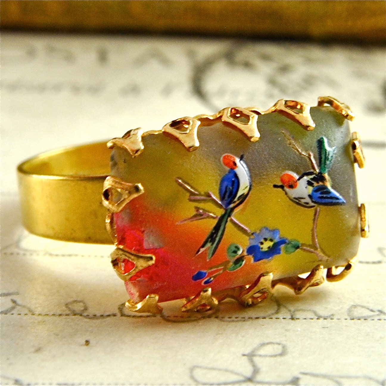 Adjustable Vintage Bird Stone Ring in Brass Gold PInk Yellow Green and Blue