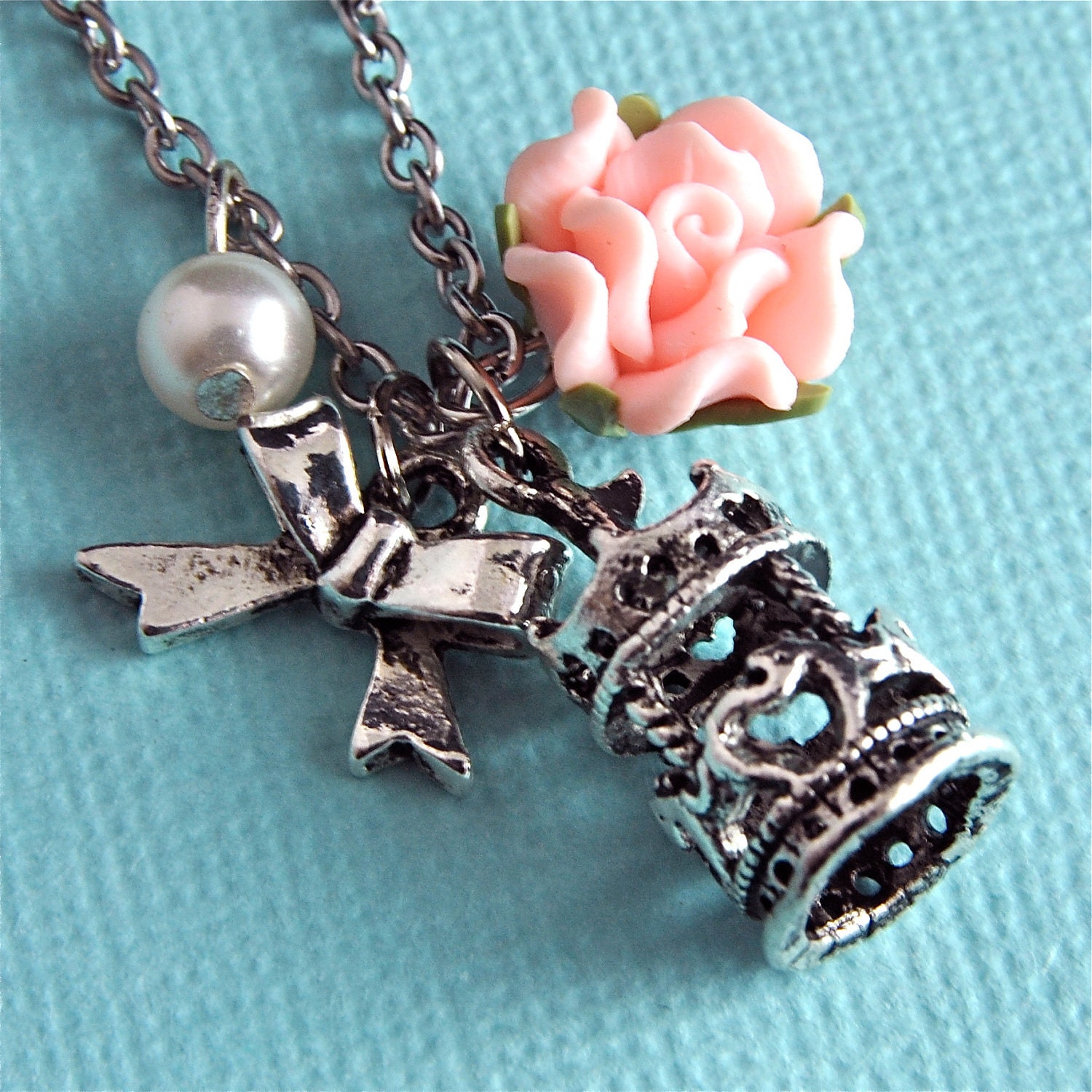Merry Go Round - Silver and Peach Carousel Necklace with Bow and Pearl