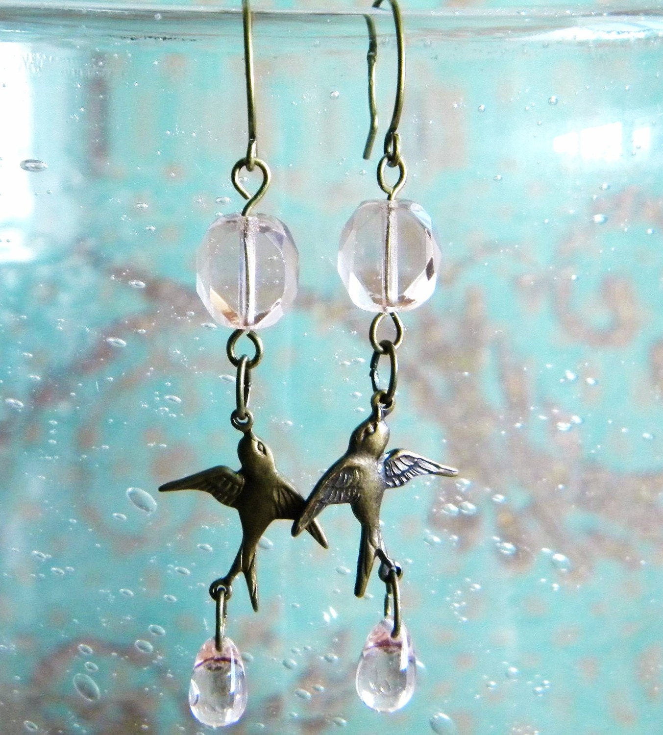 Sparrow Bird Pale Pink Glass Dangler Earrings