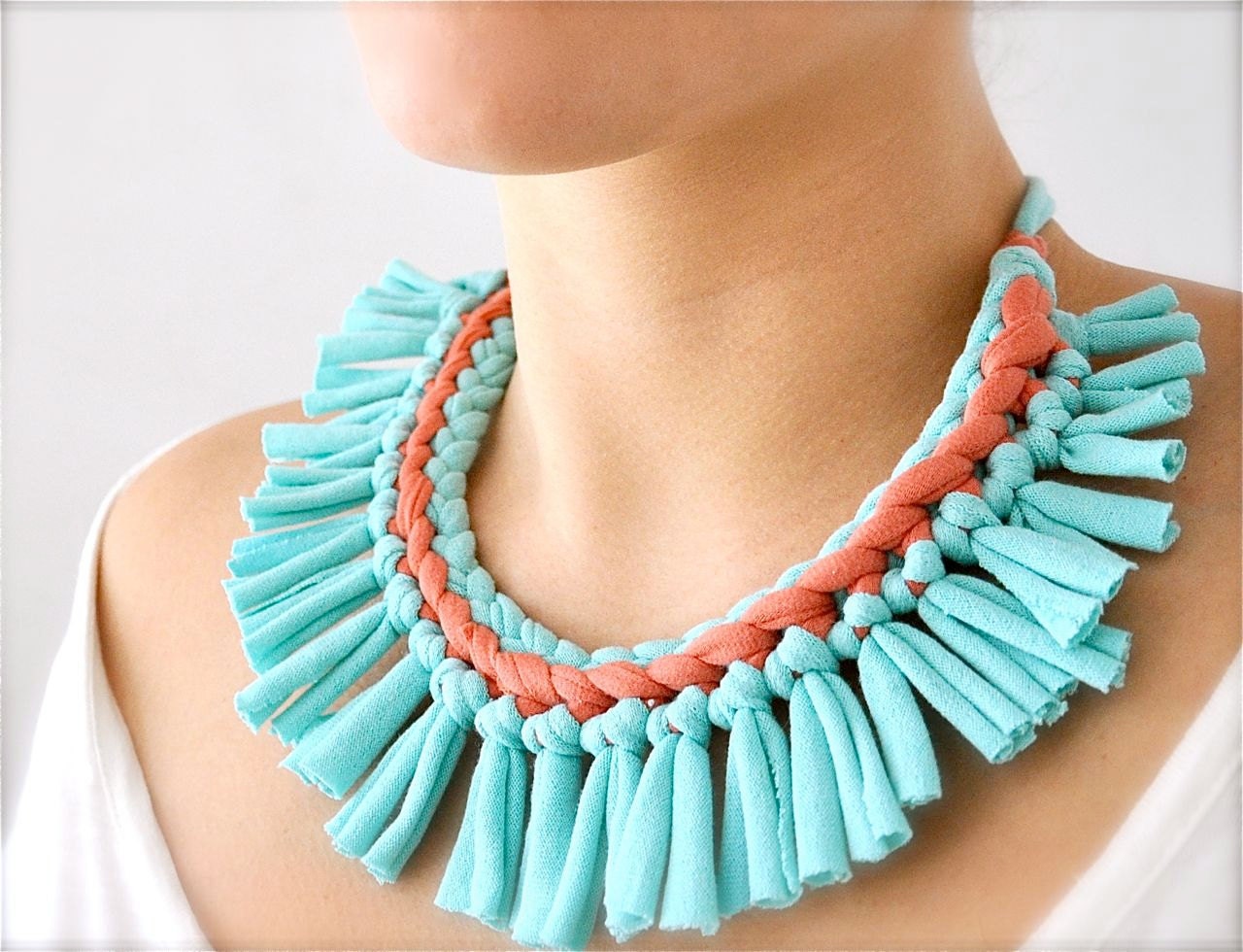 Turquoise Coral Statement Necklace - Pastel Tribal Upcycled Fabric Jewelry Fringe