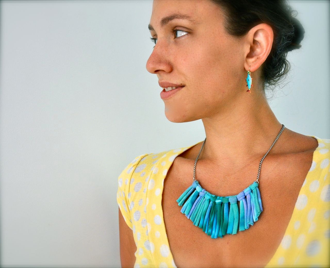 Turquoise Statement Necklace - upcycled Ombre Blue - Fabric Jewelry