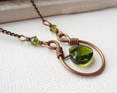 Olive Crystal Antique Copper Horseshoe Pendant. Wire Wrapped Copper Necklace.