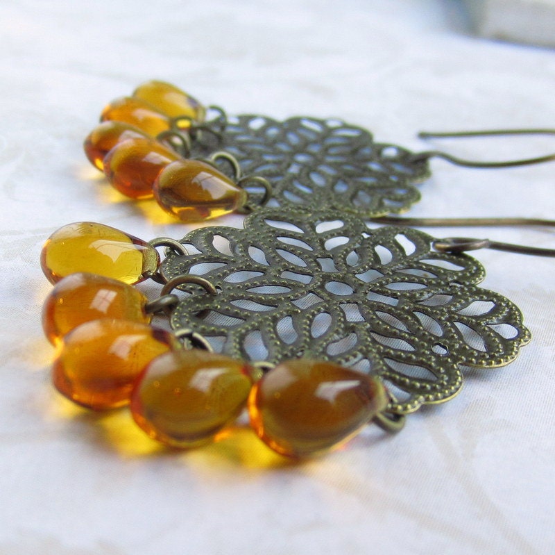 Medallion Earrings, Antique Brass Filigree, Amber Teardrop Glass Chandeliers