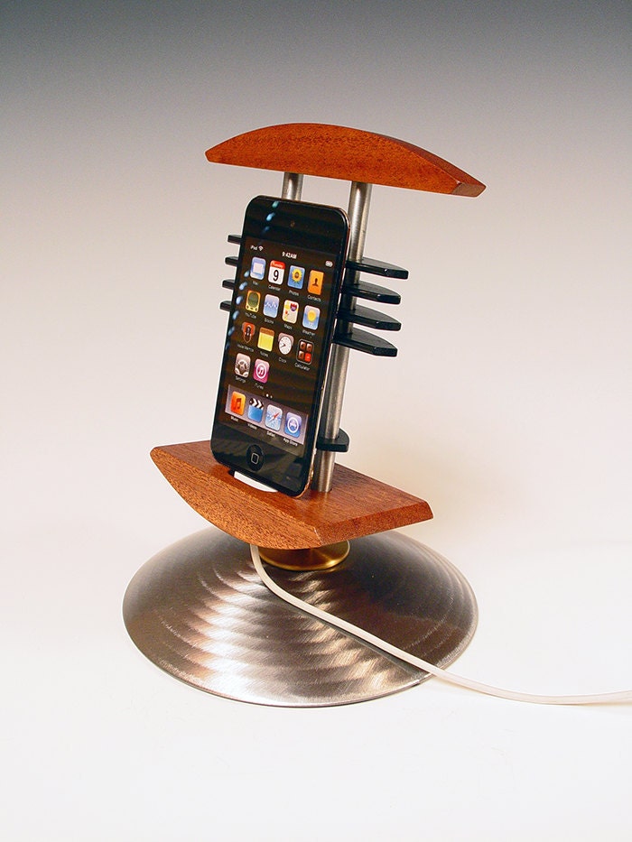 iPod stand. iPhone stand. Deco modern. Mahogany and steel. Use your Apple A/V cable to listen to music or view movies and photos. 02