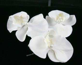 Set of 2 Bridal White Orchid Flowers Hair Pins / Shoe Clips / Brooch