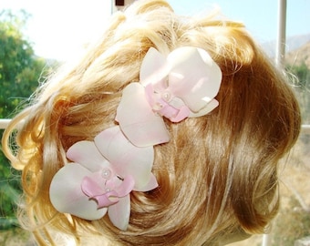Set of 2 Light Pink / White Silk ORCHID Flowers Hair Pin / Clip / Comb / Shoe Clip