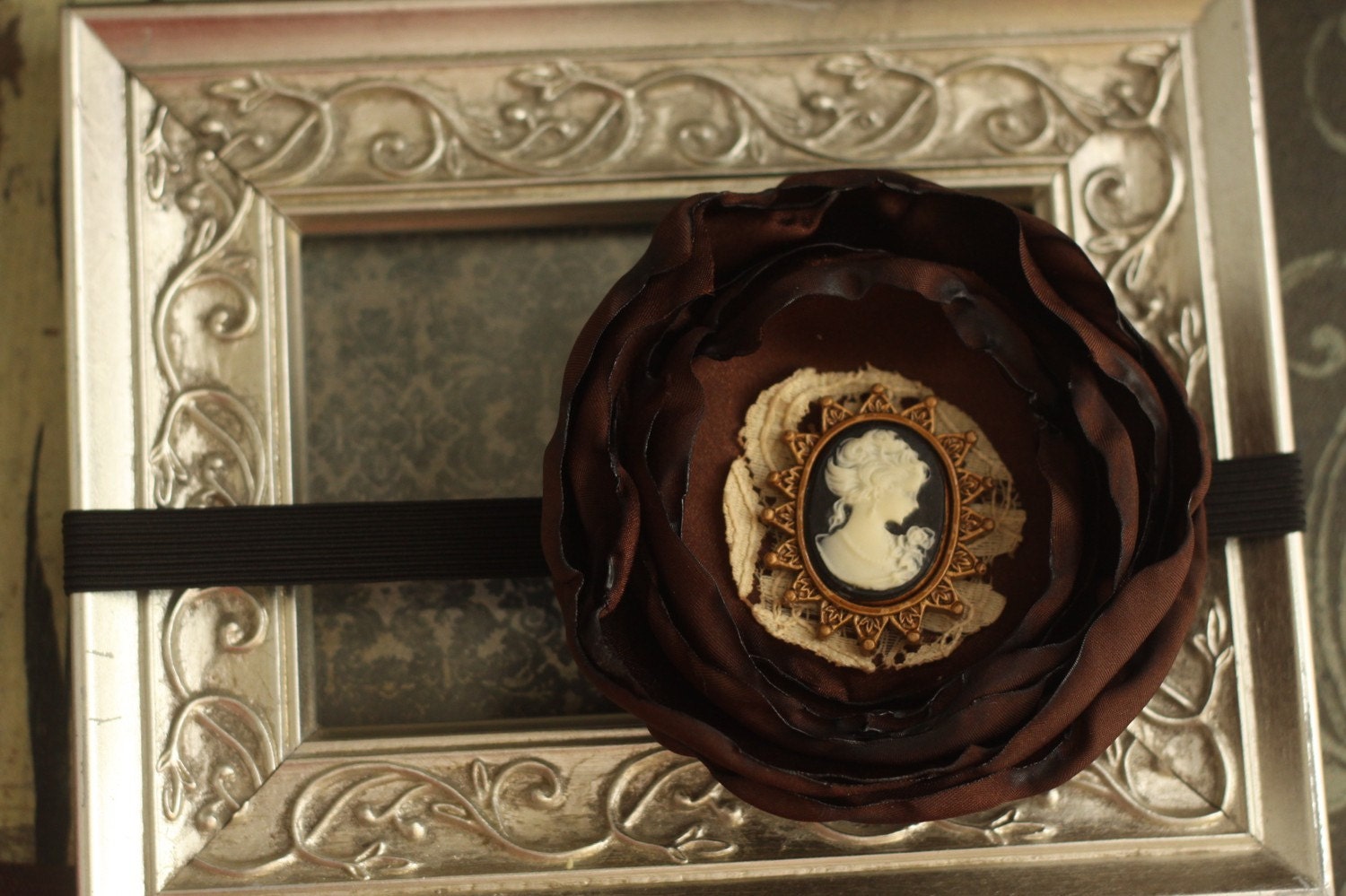 Brown Victorian Style Satin Fabric Lace Flower with Cameo Center on Skinny Black Headband