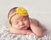 Newborn Girl Photo Prop: Frayed Yellow Chiffon Flower  Crochet Headband. Adjustable to fit Newborn - Toddler.