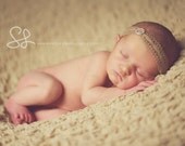 Newborn Baby Photo Prop: Tan Crochet Halo Headband with Rhinestone Accent. Newborn - Adult.