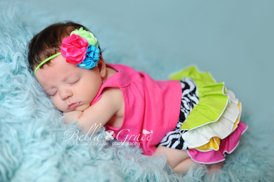 Baby Girl Triple Satin Fabric Flowers Skinny Headband. Perfect Neon Colors. Available all sizes.