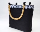 Handbag Black and White Lace with Bamboo Handles - a Classic