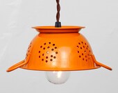 Mini Kitchen Colander Pendant Light - Orange Enamel // Vintage Style Cloth Covered Twisted Cord & Bakelite Plug