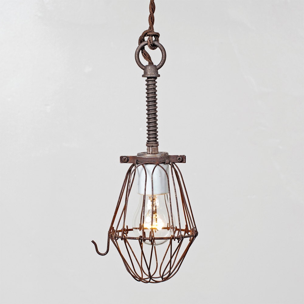 ON SALE - Ceramic Socket Basic Cage Trouble Light Pendant Vintage Industrial Rustic Modern // Cloth Covered Twisted Cord & Bakelite Plug