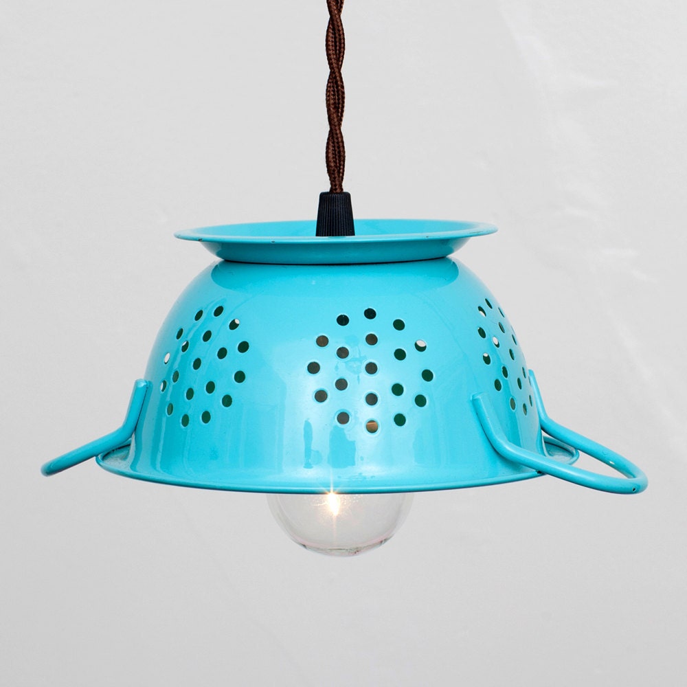 Mini Kitchen Colander Pendant Light - Tiffany Blue Enamel // Vintage Style Cloth Covered Twisted Cord & Bakelite Plug