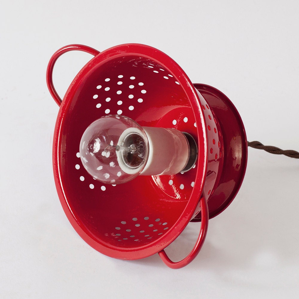 Mini Kitchen Colander Pendant Light - Cherry Red Enamel // Vintage Style Cloth Covered Twisted Cord & Bakelite Plug