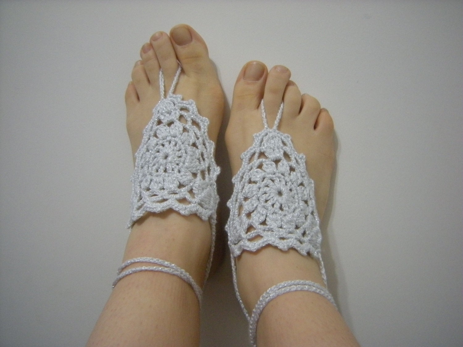 Gray Silver Lace Barefoot Sandals-Wedding Summer,Hand Crochet,Victorian, Sexy  READY TO SHIP