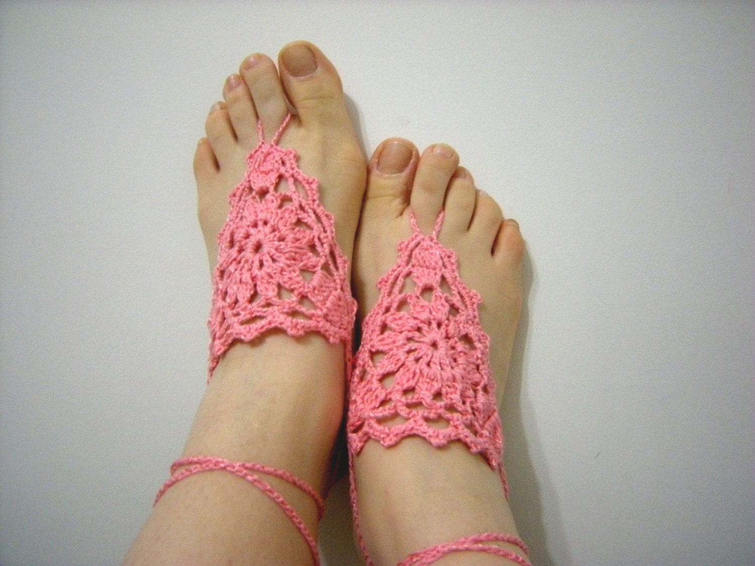 Coral Pink  Barefoot Sandals-Wedding Summer,Hand Crochet,Victorian, Sexy-READY TO SHIP