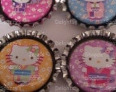 Hello Kimono Kitty Cherry Blossom. Set of 4 Bottle Cap Magnets.